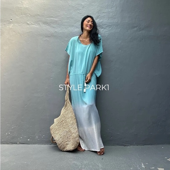 STYLE PARK MAXI KAFTAN DRESS - BNWT - ONE SIZE - BLUE DAISY/CREAM OMBRE - Picture 3 of 11